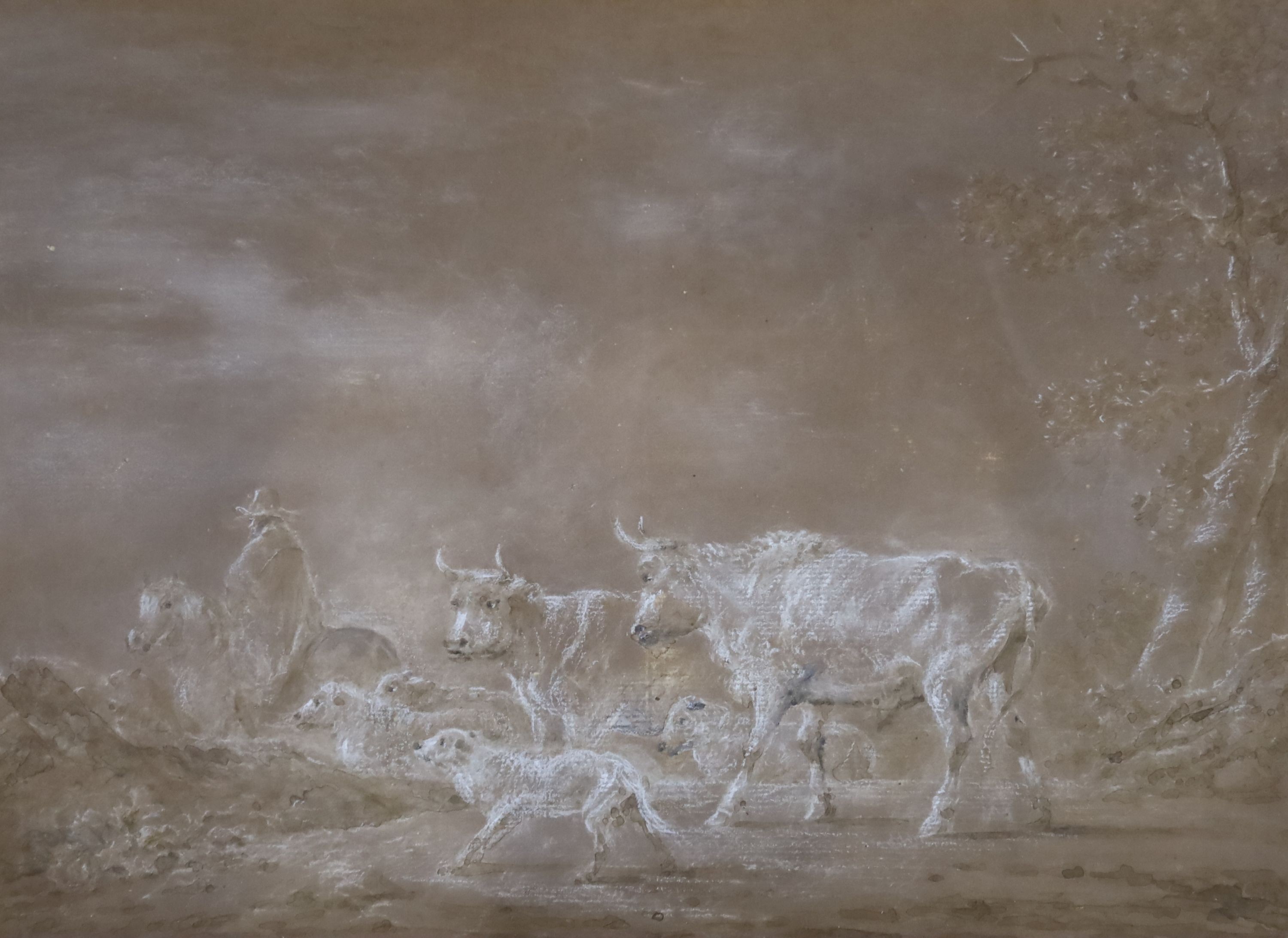 Attributed to Philip De Loutherbourg, watercolour and chalk, Cattle drover in a landscape, 27 x 37cm